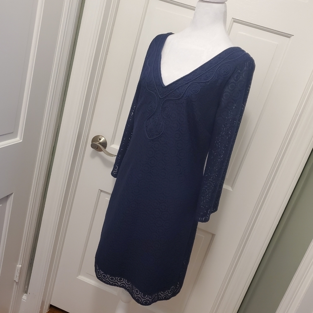 Lilly Pulitzer Navy Alden Tunic Dress Embroidered Neckline V-Neck Medium - Picture 6 of 12